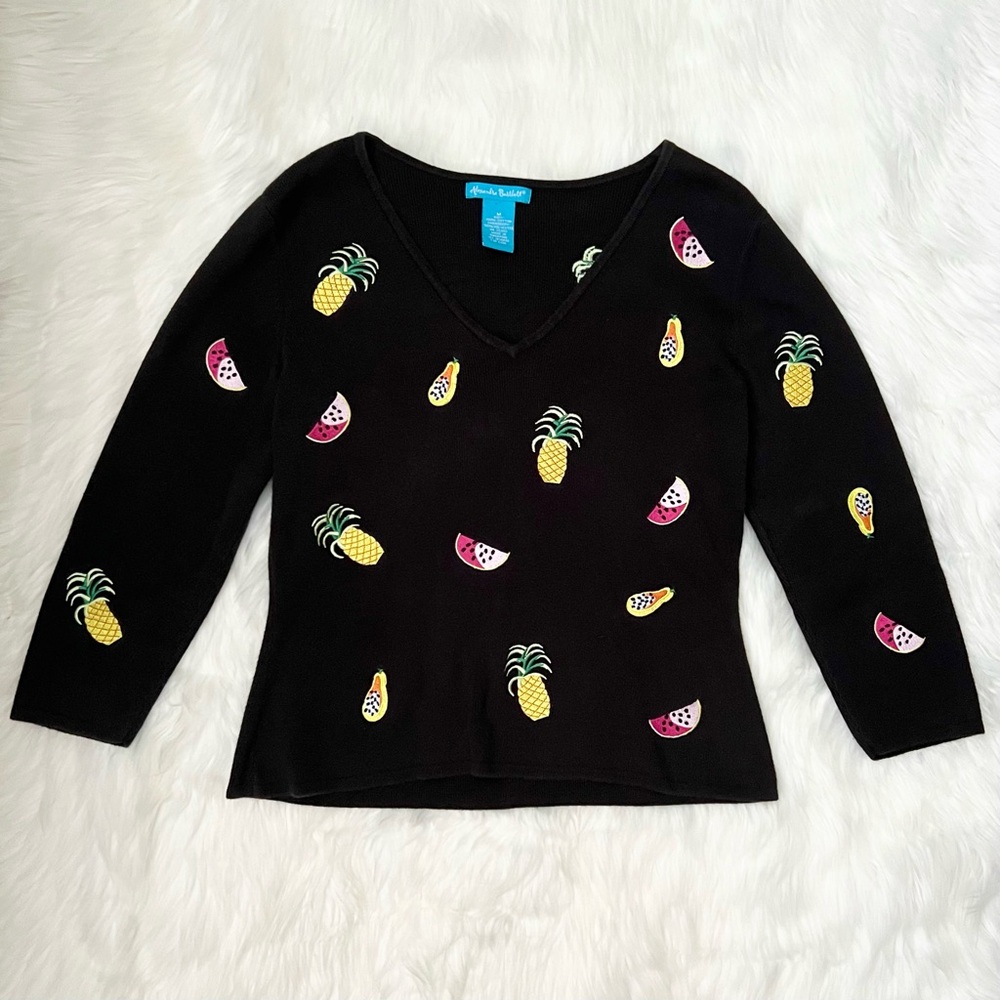 Alexandra Bartlett Black 3/4 Sleeve Top with Embroidered Fruit Design